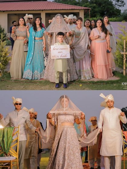 A collage of the bride's unique entrance, surrounded by her family and bridesmaids.