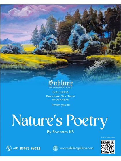 The invitation for 'Nature's Poetry' by Poonam KS, a solo exhibition of serene landscape paintings at our Hyderabad gallery.
