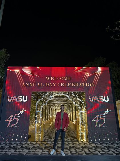 Another view of the impressive entrance for Vasu Healthcare's 45th anniversary. The scale of the setup shows the importance of the event, and I was proud to be the host for such a milestone.