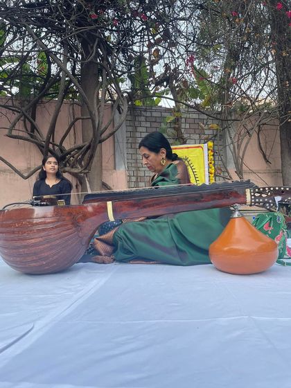 Performing with my veena at an outdoor SPIC MACAY concert at Christ University. These events for students are informal, energetic, and a wonderful way to connect with the youth.