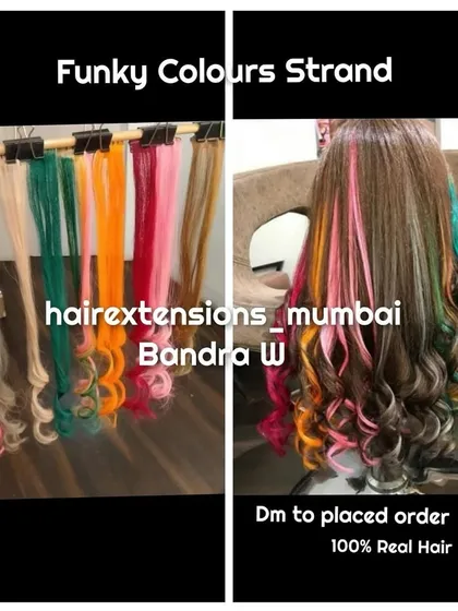 We can create any look with our custom coloring services. This image showcases our funky single clip strands, perfect for adding a pop of color, and a full head of multi-tonal extensions, all using 100% real hair.