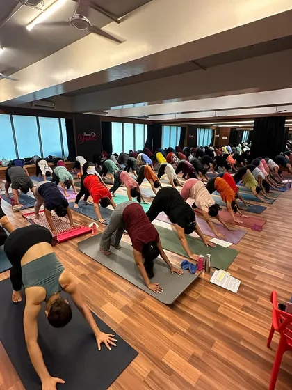 A full house at one of our community practice sessions. The energy of so many people breathing and moving together in Adho Mukha Svanasana (Downward-Facing Dog) is powerful.