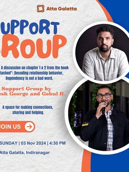 Poster for a support group discussing the book 'Attached' and decoding relationship behavior.