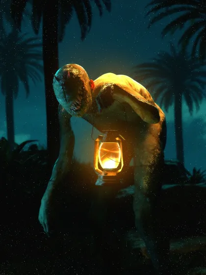 My unfriendly version of Poseidon, imagined as a lurking swamp creature. I designed him with a featureless face and a bulky, imposing figure, using a lantern to cast dramatic shadows across his form in a dense jungle environment.