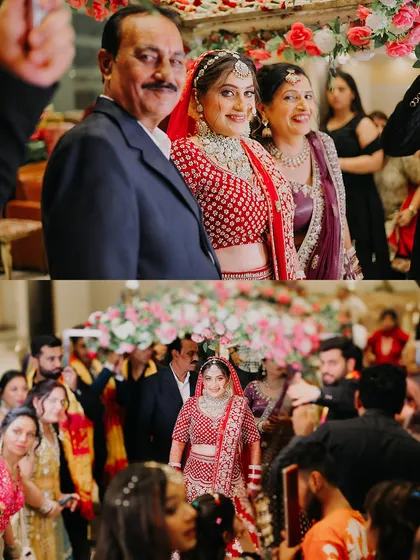 The bridal entry is always a special moment. This collage shows the bride walking down the aisle under a beautiful 'phoolon ki chadar', escorted by her proud parents.
