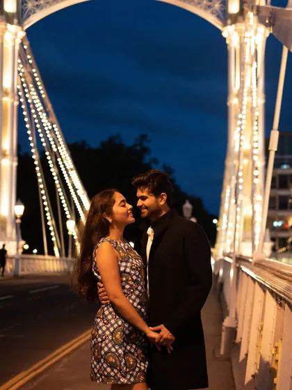A classic romantic portrait on the illuminated Albert Bridge at night. The lights of the bridge create a magical, fairytale-like atmosphere for this London pre-wedding photo.