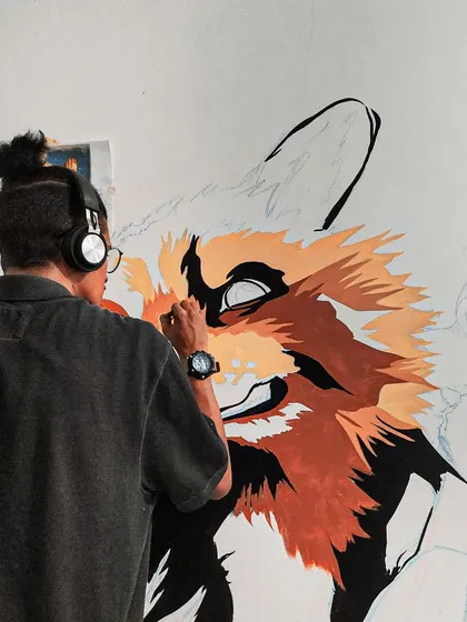 Balu in the zone, working on the details of Rocket Raccoon. We use a combination of painting and line work to get that comic book feel.