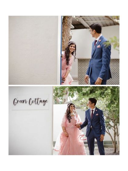 A playful 'first look' moment outside the Green Cottage. This collage captures the fun and excitement of a couple seeing each other before their ceremony.