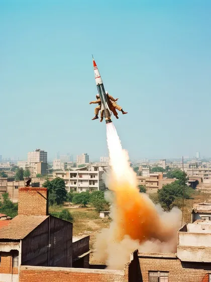 A scene from 'Rocketganj' showing people riding a rocket into the sky. This image captures the reckless ambition and desperation of the town's inhabitants.