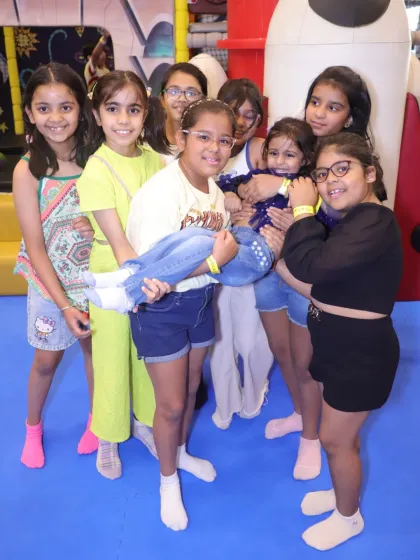 Friends having fun together in our play area. Our spacious zones are perfect for groups to explore and play in together.