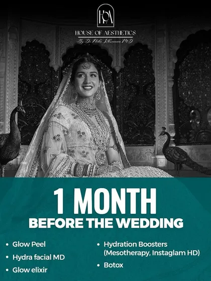 One month before the wedding is all about the final polish. I recommend a Glow Peel, HydraFacial MD, hydration boosters like Mesotherapy, and a touch of Botox to ensure you are flawless and radiant.