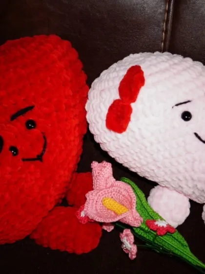 The two heart plushies together, with the pink one holding a small bouquet of crochet flowers. They are the definition of handmade love.