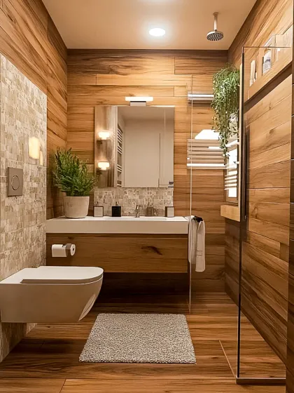 A warm and inviting bathroom wrapped in wood-look tiles on the walls and floor. The space features a floating vanity, a glass shower partition, and hanging plants to add a touch of nature.