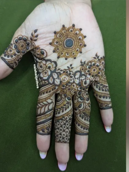 A single hand adorned with a floral mandala. This design is a perfect blend of traditional mandala art and modern floral patterns.