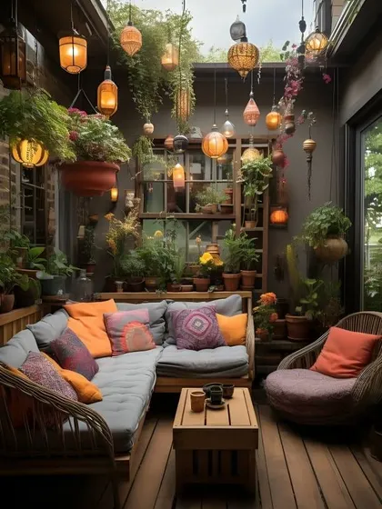 This enclosed balcony is a perfect example of a cozy, bohemian retreat. We used warm wooden flooring, an L-shaped sectional with plush cushions, and an array of hanging lanterns to create an inviting and intimate atmosphere for relaxing with friends.