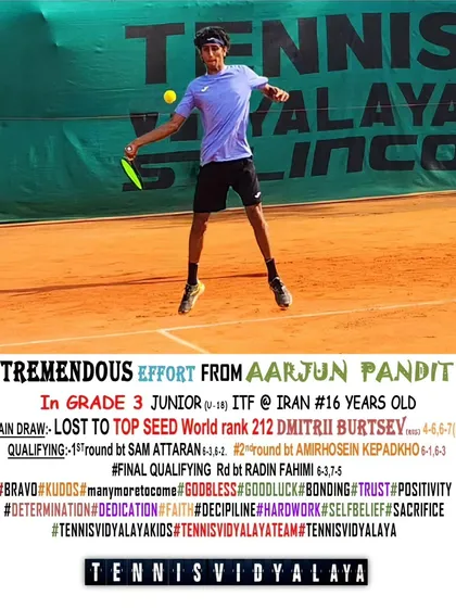 A great learning experience for Aarjun Pandit, competing in the Grade 3 Junior ITF in Iran and narrowly losing to the top seed.