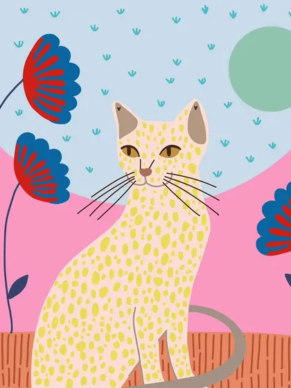 Beyond invitations, I love creating standalone digital illustrations that pop with color and personality. This piece showcases a more playful, pop-art style, featuring a spotted cat surrounded by bold, graphic flowers. It’s perfect for anyone looking for a unique piece of custom art.