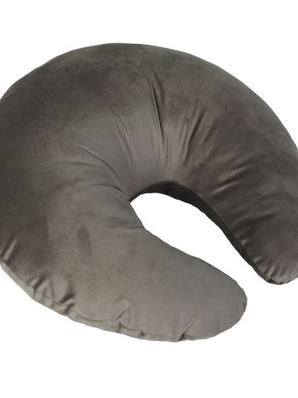 A C-shaped grey pillow for neck or back support, isolated on a white background.
