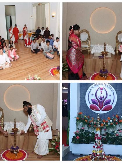 More scenes from the inauguration of our Spiritual Centre. This collage shows us lighting the lamp, participants seated in the new hall, and the beautiful floral decorations, highlighting the sacredness of the event.