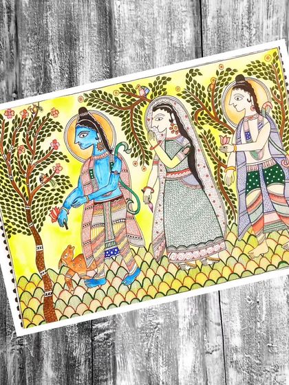 A narrative Madhubani painting depicting a scene from the Ramayana, with Ram, Sita, and Lakshman in the forest.
