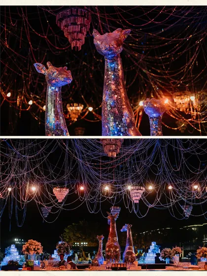 A collage showing the whimsical yet glamorous Sangeet decor, with disco-ball giraffes under a web of string lights and chandeliers, creating a unique and eclectic party vibe.