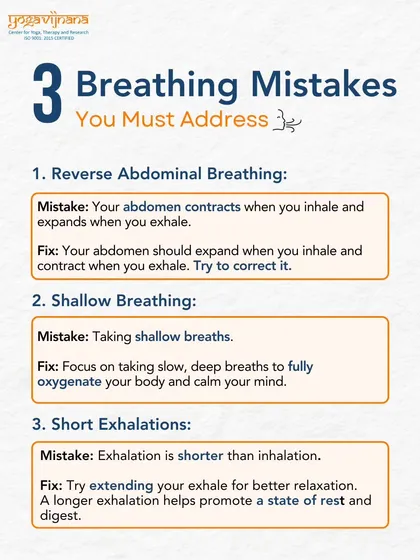 This infographic highlights three common breathing mistakes, such as reverse abdominal breathing and shallow breaths. My workshops provide simple, corrective techniques to improve oxygenation, reduce stress, and calm the mind.