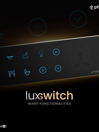 Introducing the LuxSwitch, a panel with many functionalities. This image showcases a feature-rich panel that controls everything from lights and fans to curtains and scenes.
