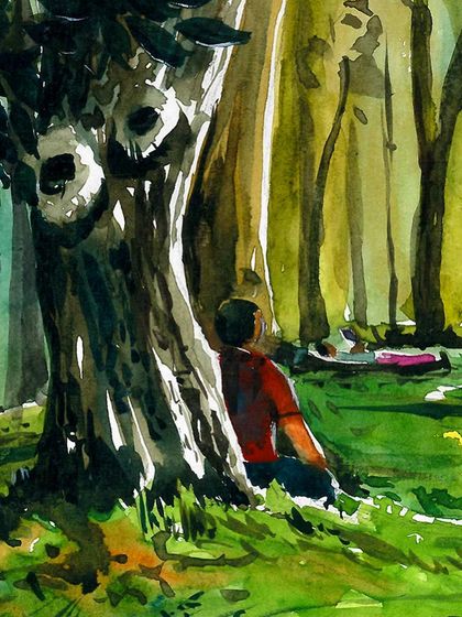 A close-up of the person resting under the tree in my Cubbon Park painting. It's these quiet, everyday moments that I love to paint.