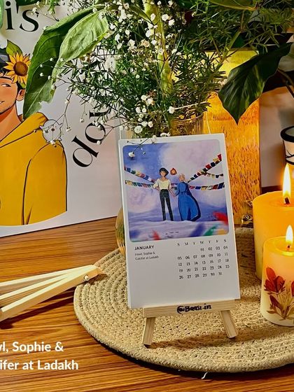 The January page, 'Howl, Sophie & Calcifer at Ladakh', displayed on the easel. This is the first magical scene to greet you in the new year.