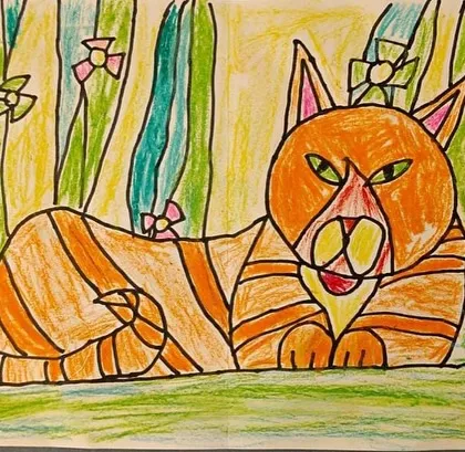 This orange tabby cat has a striking, confident expression. We teach students to use the eyes and mouth to give their characters personality.