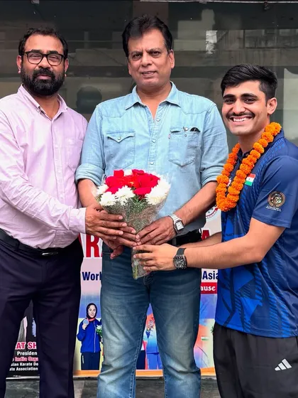 Sending off an athlete from the Indian Police and Para-Military Karate team for the World Police and Fire Games from the official KIO office.