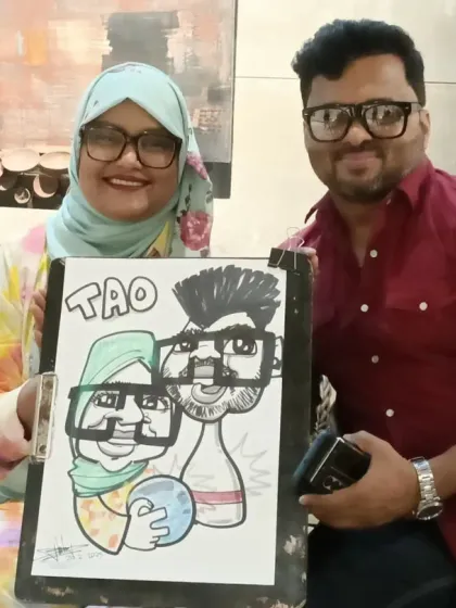 This couple's caricature included a bowling ball, a fun personal detail they requested. I can add any theme you like.