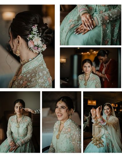 A collage of the bride's getting-ready process, from hair and makeup to the final placement of her dupatta and kaleeras.