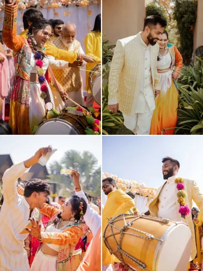 The vibrant energy of a Haldi ceremony, complete with dhol players, dancing, and friends showering the couple with money and blessings.