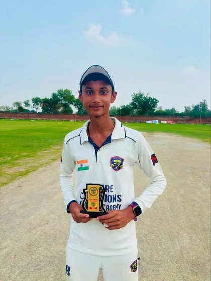 Aditya Singh, our Player of the Match, with his trophy. His hard work and talent are shining through.