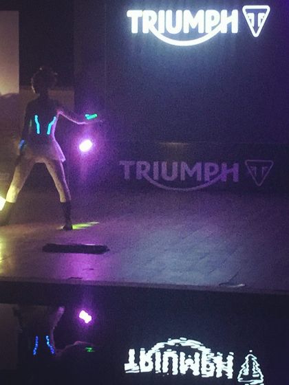 Performing at the Triumph party in Goa for India Bike Week was an incredible experience. Here, one of my artists is on stage with glowing poi, getting the pre-party started with a high-energy light show that matched the vibe of the event.