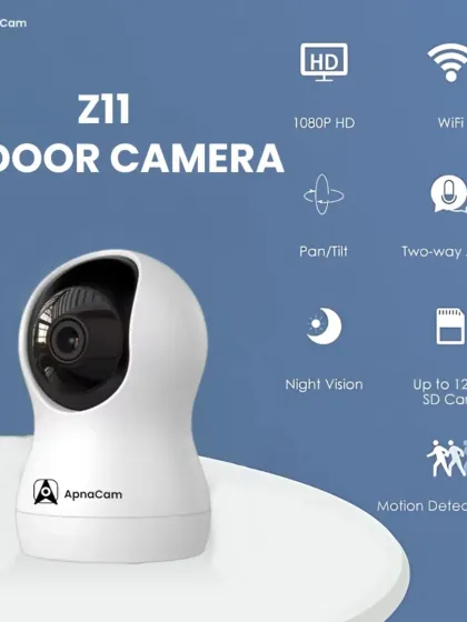 This is our Z11 indoor camera, highlighting its technical specifications. It provides 1080p HD video, pan and tilt functions, and supports up to a 128GB SD card for local storage.