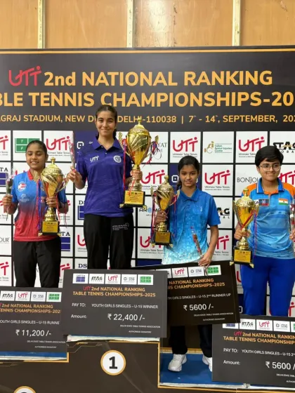 A proud moment for our academy as Naisha Rewaskar stands on the podium after winning the U-15 Champion title at the 2nd National Ranking Table Tennis Championships in New Delhi. Our program is designed to prepare players for success at the national level.
