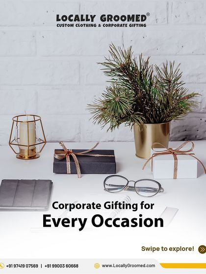 We offer corporate gifting for every occasion. This image showcases a variety of items like notebooks, glasses, and gift boxes suitable for any professional event.