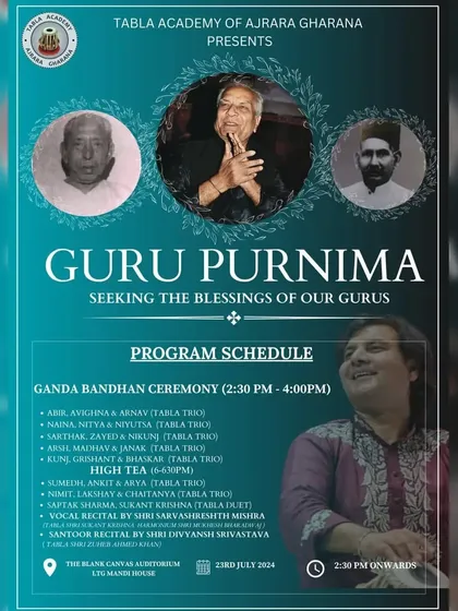 This poster announces our Guru Purnima celebration, a sacred day where we seek the blessings of our gurus. The event includes a Ganda Bandhan ceremony, which is the formal acceptance of a student into the Guru-Shishya Parampara for long-term discipleship.