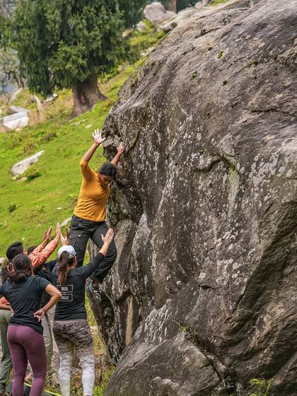 Another angle from our Sethan adventure, showing the collective effort involved in outdoor bouldering. Everyone plays a part, whether they're climbing, spotting, or offering encouragement from the side.