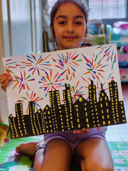 This firework cityscape collage took hours of patient cutting and pasting, but the result was totally worth it. It’s a great project for developing fine motor skills.