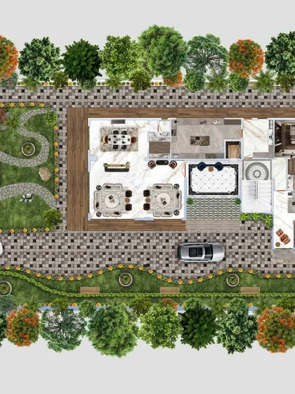 This comprehensive site plan shows how I design the entire property, not just the house. It includes landscaped gardens, driveway access, and outdoor seating areas, creating a complete and cohesive living environment.