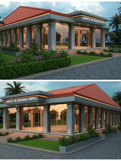 Renders of the Dravidian-style temple, showing its exterior. The design combines the traditional form of a South Indian temple with modern materials like glass, creating a space that is both reverent and contemporary.