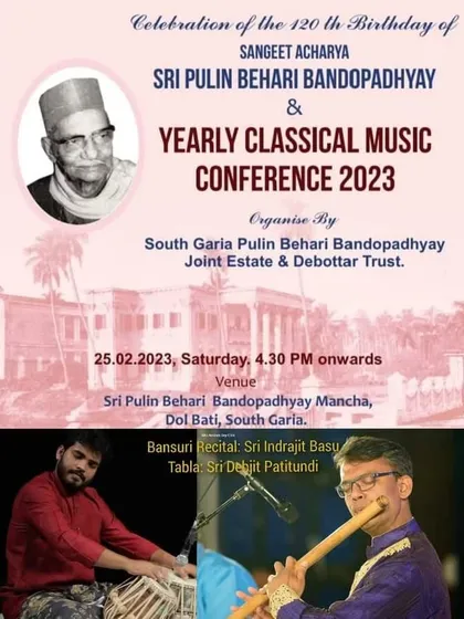The poster for a music conference celebrating the 120th birthday of Sangeet Acharya Shri Pulin Behari Bandopadhyay, where I performed with flute virtuoso Indrajit Basu da.