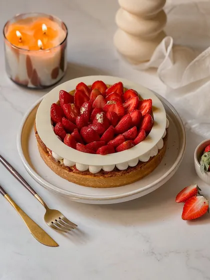Our stunning Strawberry Tart, a masterpiece of seasonal baking. A crisp, buttery crust holds a delicate almond cream and vanilla custard, all crowned with a beautiful arrangement of fresh, glossy strawberries.