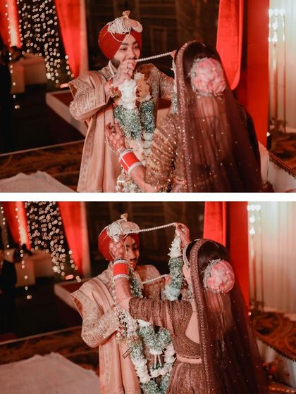 A diptych of the Varmala ceremony, capturing the fun and playful struggle to garland each other.