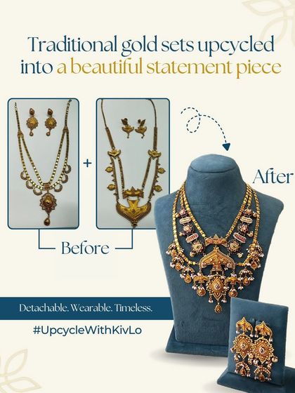 Two old chandan haars were combined to create this detachable statement set. It's modern, wearable, and versatile, designed to be worn as a grand necklace or even a kandora, all while keeping the soul of the original pieces intact.