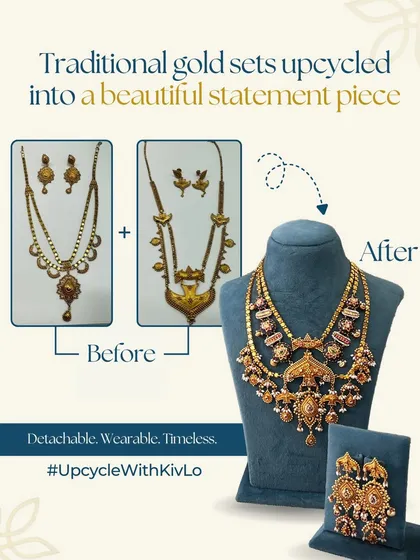 Two old chandan haars were combined to create this detachable statement set. It's modern, wearable, and versatile, designed to be worn as a grand necklace or even a kandora, all while keeping the soul of the original pieces intact.
