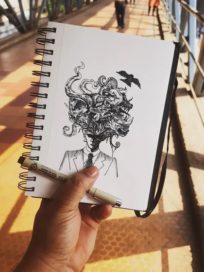 A quick sketchbook drawing done with a Micron pen. This surrealist piece shows a man in a suit with his thoughts exploding into a chaotic mix of creatures and shapes.